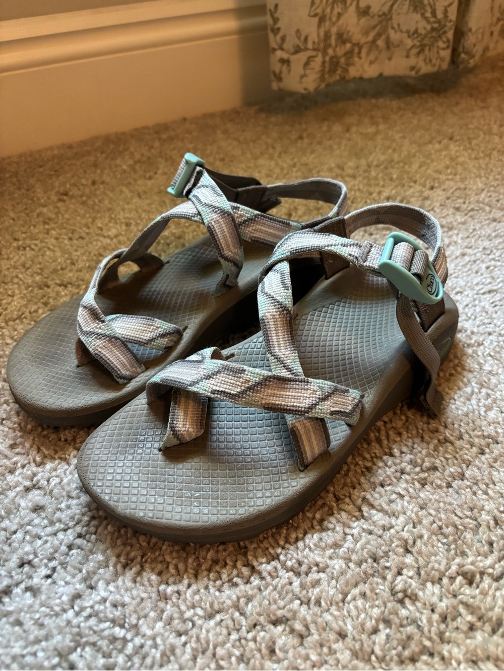 Woman's Chaco Teal-Accent Gray Strappy Sandals.